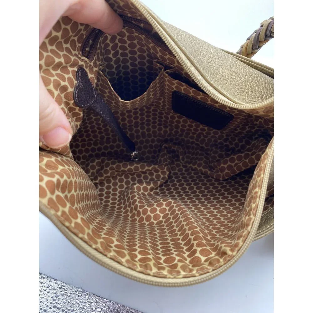 Brighton Barbados pebbled leather hobo purse handbag metallic gold braided handl
